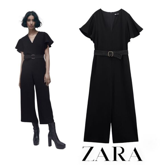 ZARA | Black | BELTED RUFFLED JUMPSUIT - Picture 1 of 12
